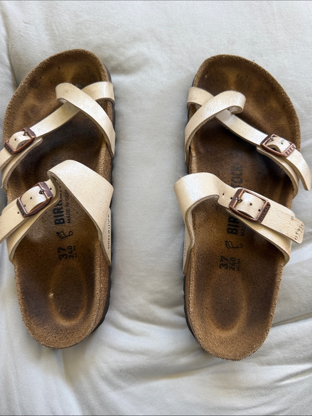 Birkenstock Cream Metallic Cross-Strap Sandals with Rose Gold Buckles